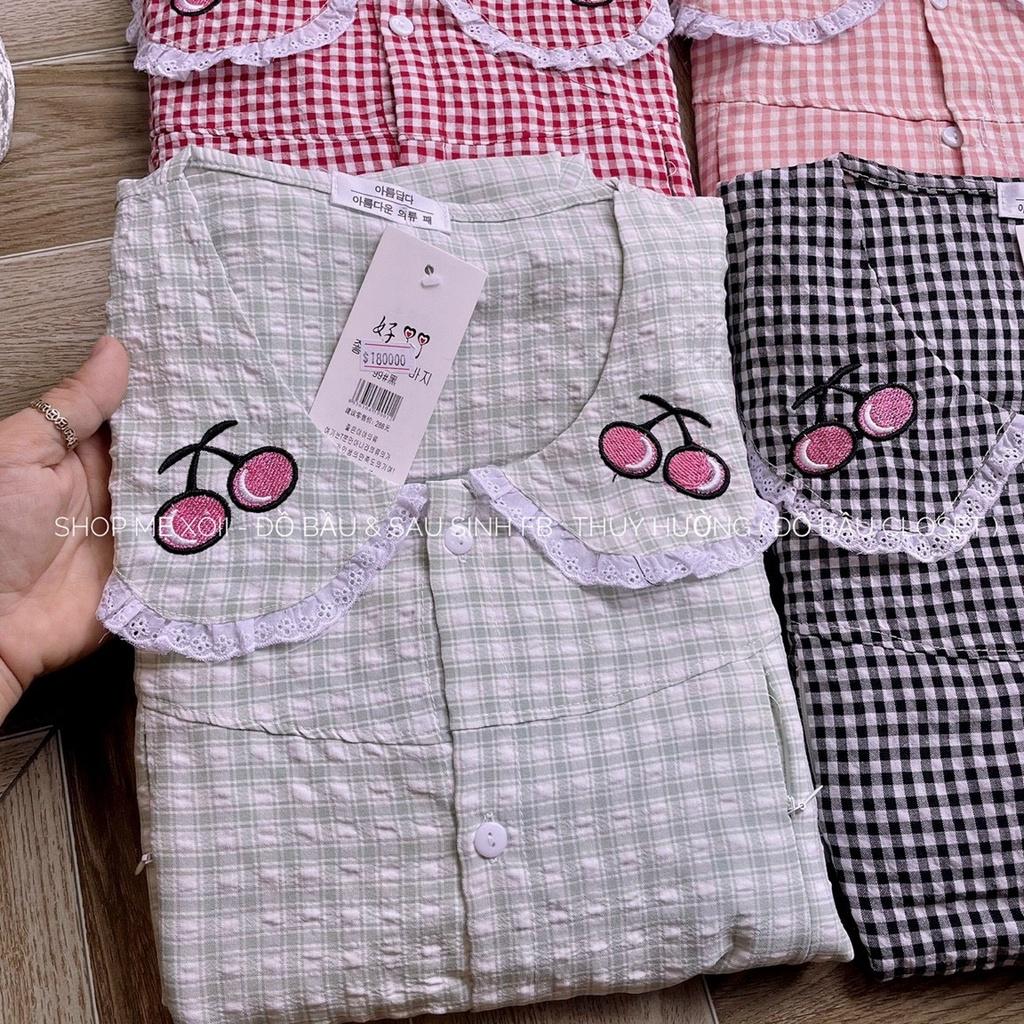 Bộ bầu và sau sinh dài tay kẻ, cổ sen ren siêu xinh, có khoá kéo cho bé ti