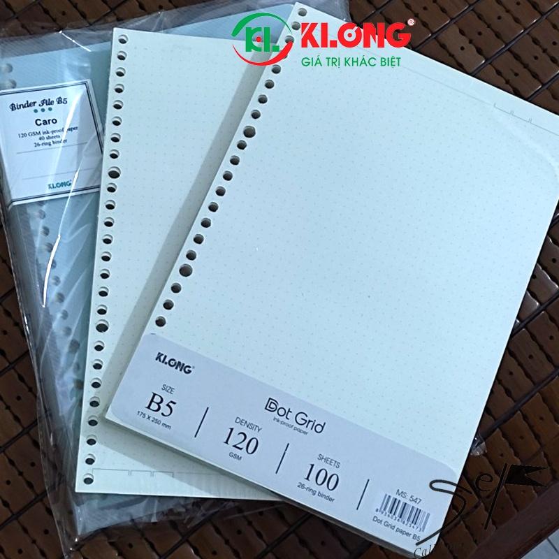 Ruột sổ còng giấy refill Dot Grid B5 100 tờ; MS: 547, chính hãng Klong còng 28 lỗ binder 120GSM