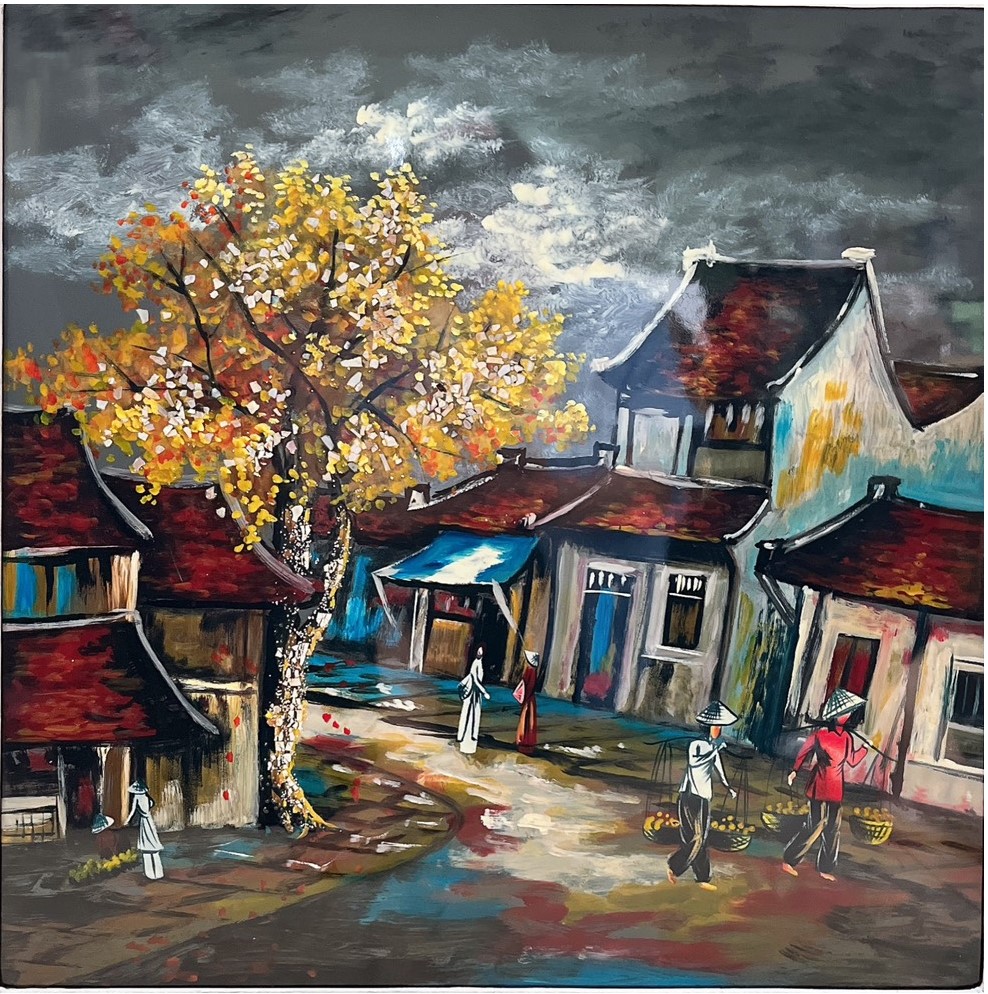 Tranh sơn mài phố cổ vẽ màu cẩn trứng đẹp , hàng xuất khẩu 50x50 cm