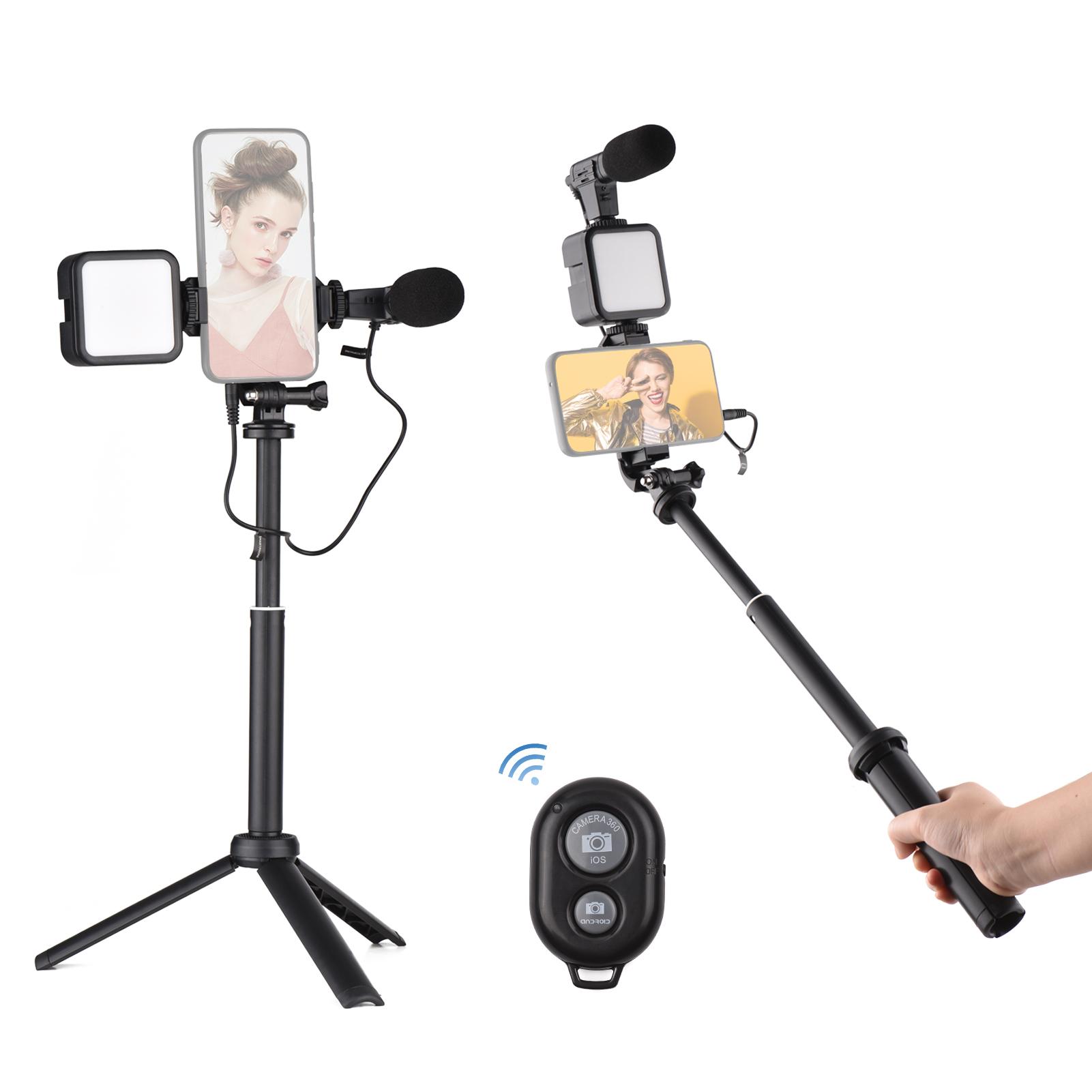 Vlog Shooting Kit Mini LED Video Light + Super Cardioid Condenser Microphone + Phone Clip + Tripod + Remote Shutter