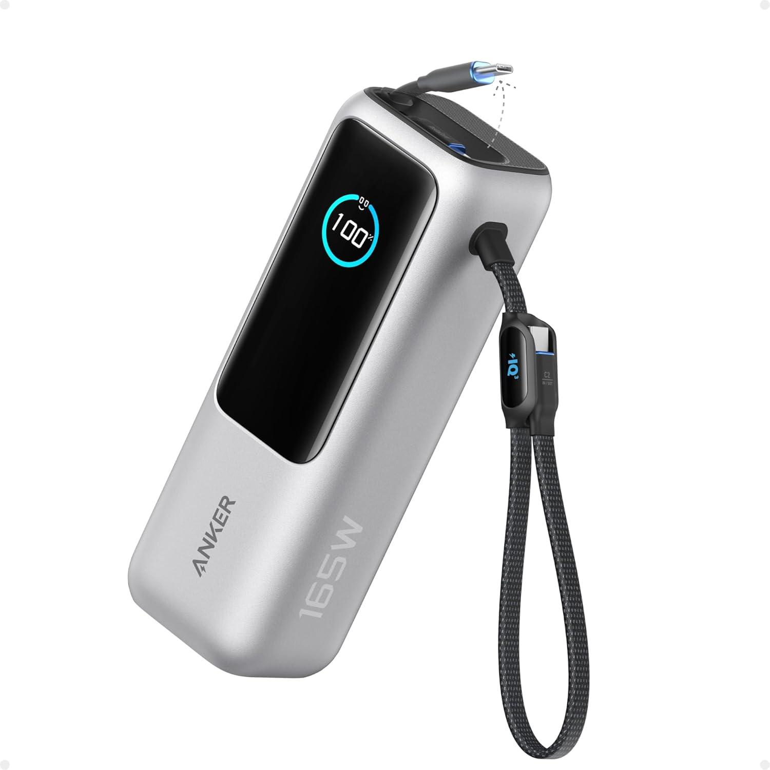 Sạc dự phòng Anker Zolo 1C1A 165W 25000mah (Built-In USB-C and Retractable Cable) Bạc (Silver) A1695 - Hàng Chính Hãng