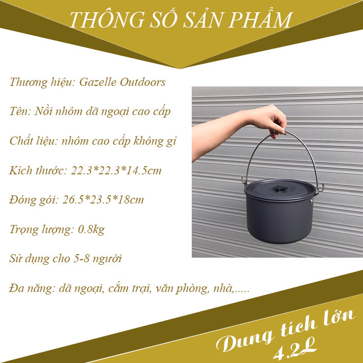 Nồi nhôm đơn cắm trại cao cấp dung tích 4.2L phù hợp cho nhiều người sử dụng cực kì đa năng BB7104