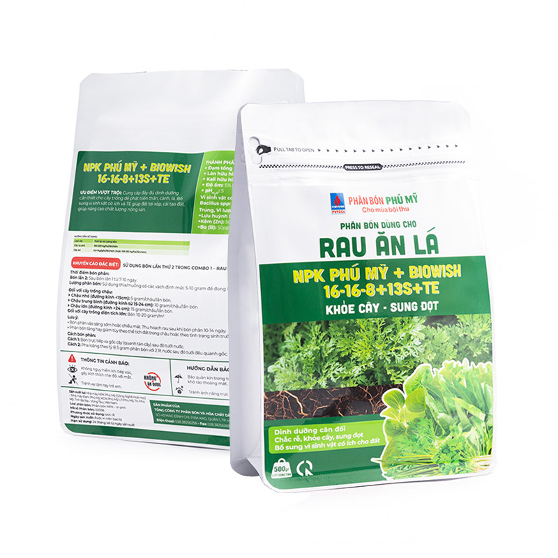 Phân bón NPK Phú Mỹ + BIOWISH 16-16-8+13S+TE dùng cho Rau Ăn Lá