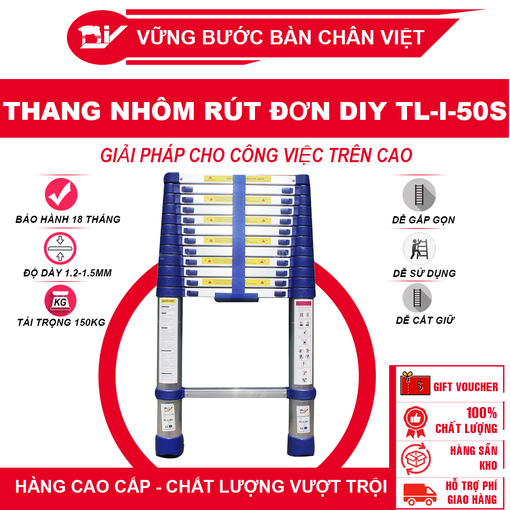 Thang nhôm rút đơn DIY TL-I-50S chiều cao sử dụng tối đa 5.0m - Tiêu chuẩn an toàn chất lượng Châu Âu