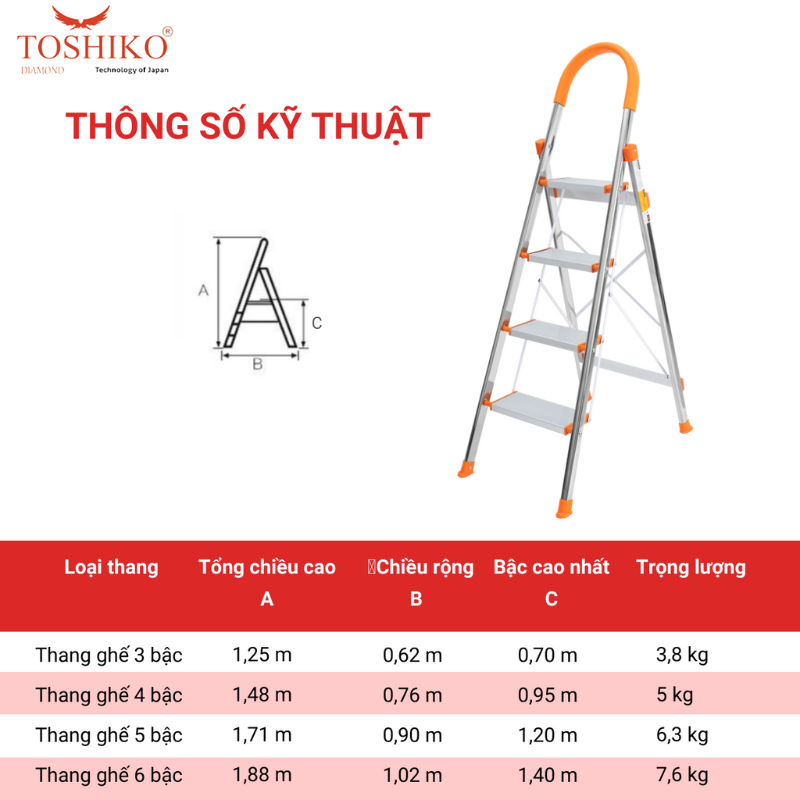 Thang Nhôm Ghế Tay Vịn 3,4,5,6,7 bậc chính hãng Toshiko Nhật Bản Bảo Hành 3 Năm