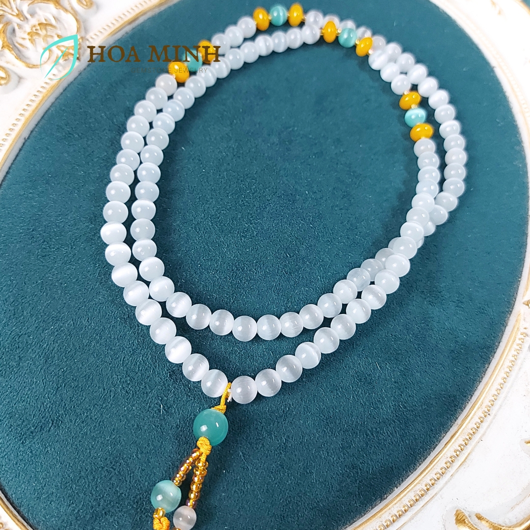 Vòng tay đá Mắt Mèo trắng size hạt 8 li chuỗi 108 hạt phối mắt mèo xanh, hạt bánh xe mã não vàng