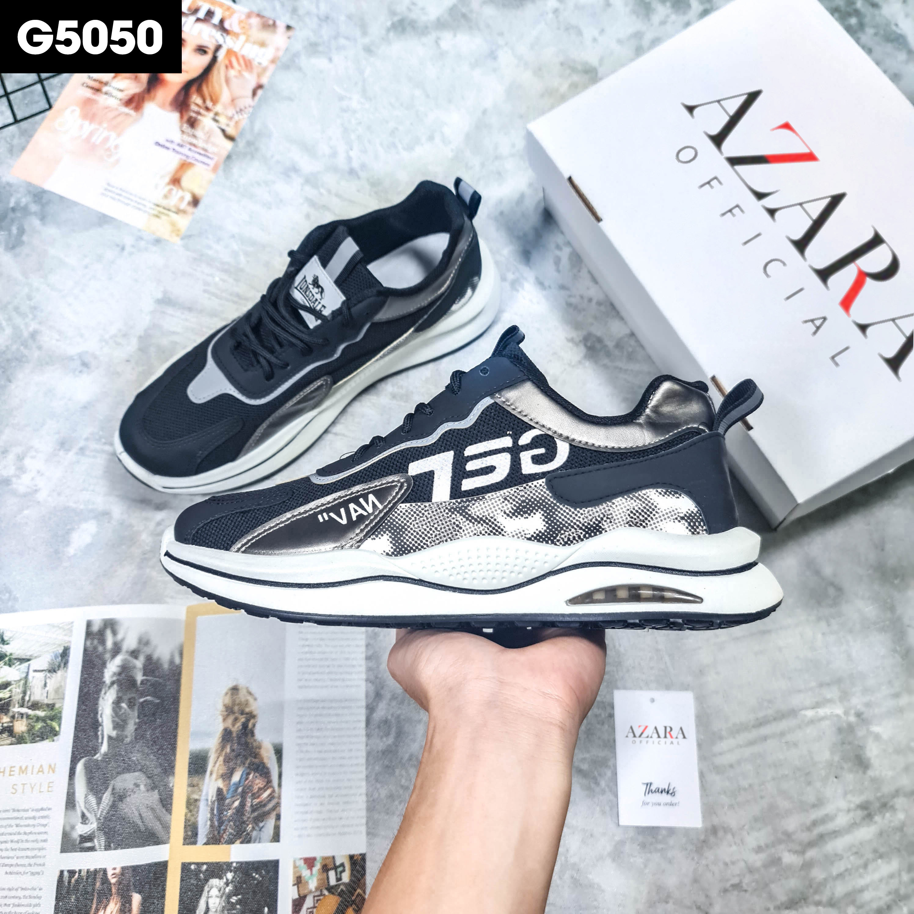 Giày Thể Thao Nam AZARA - Sneaker Màu Xám - Kaki - Đen, Giúp Tăng Chiều Cao, Êm Chân, Chống Trượt - G5045