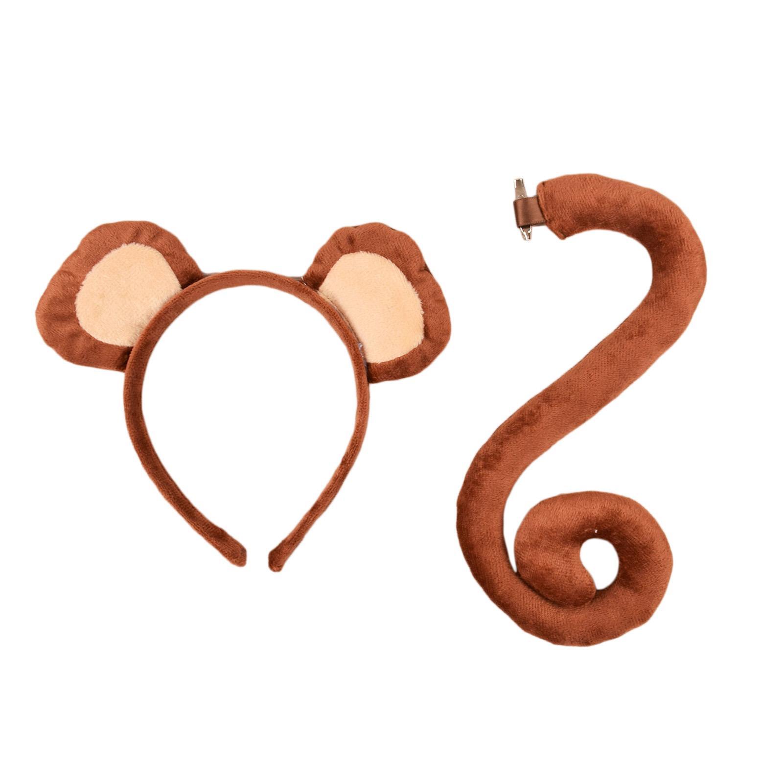 2Pcs  and Tail Set Children Adults Monkey Hair Hoop Headwear Long Tail for Christmas Birthday Halloween Decoration