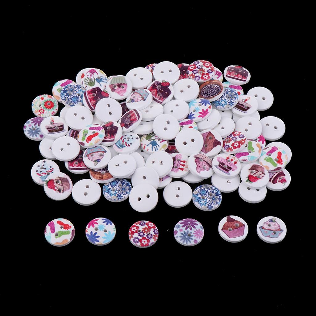 100pcs Flower Printed Wooden Buttons 2 Holes 15mm DIY Clothing Scrapbook Crafts
