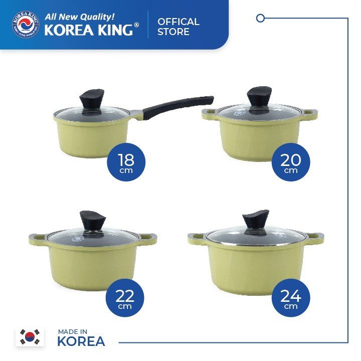 KS-GL4TCI Bộ nồi Korea King ( màu xanh, bộ gồm 3 nồi đường kính 20, 22, 24cm + 1 quánh 18cm, nắp kính) Hàng chính hãng