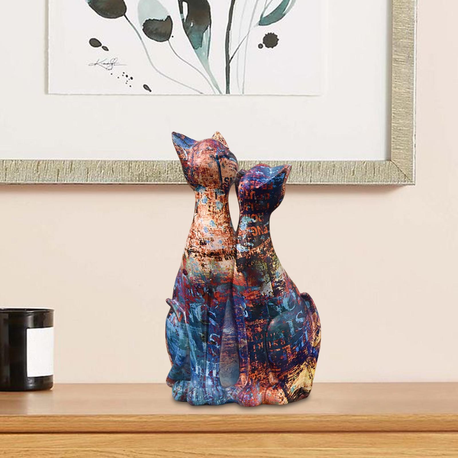 Couple Cat Statues Animals Sculpture Desktop Kitty Figures Resin Figurines