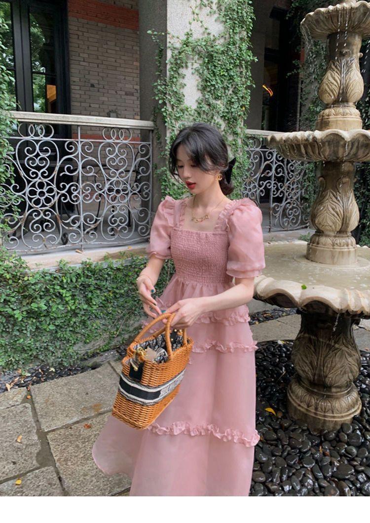TOBE1SHOP Váy màu hồng nàng tiên Pháp ren Bouffant váy công chúa váy bánh váy lưới nàng tiên thắt lưng đầm