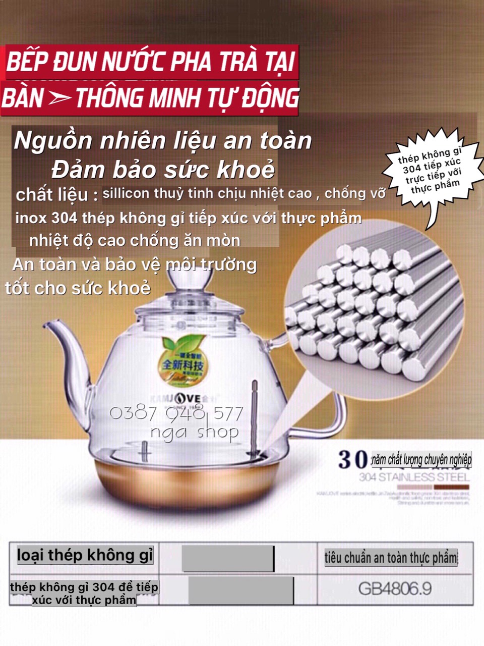 Bộ bếp ấm đun nước điện pha trà tại bàn thông minh tự động thuỷ tinh chịu nhiệt siêu tốc đa năng kamjove -G9 màu vàng ,hàng nhập khẩu chính hãng