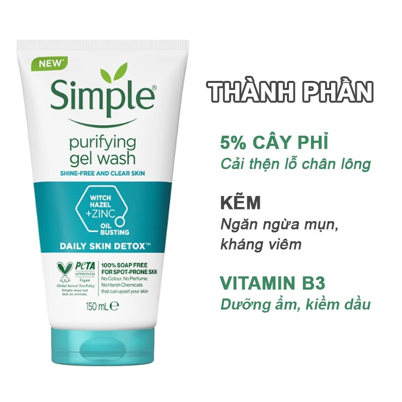 Sữa rửa mặt SIMPLE Purifying Gel Wash kiềm dầu, ngừa mụn hiệu quả - cho da dầu mụn 150ml