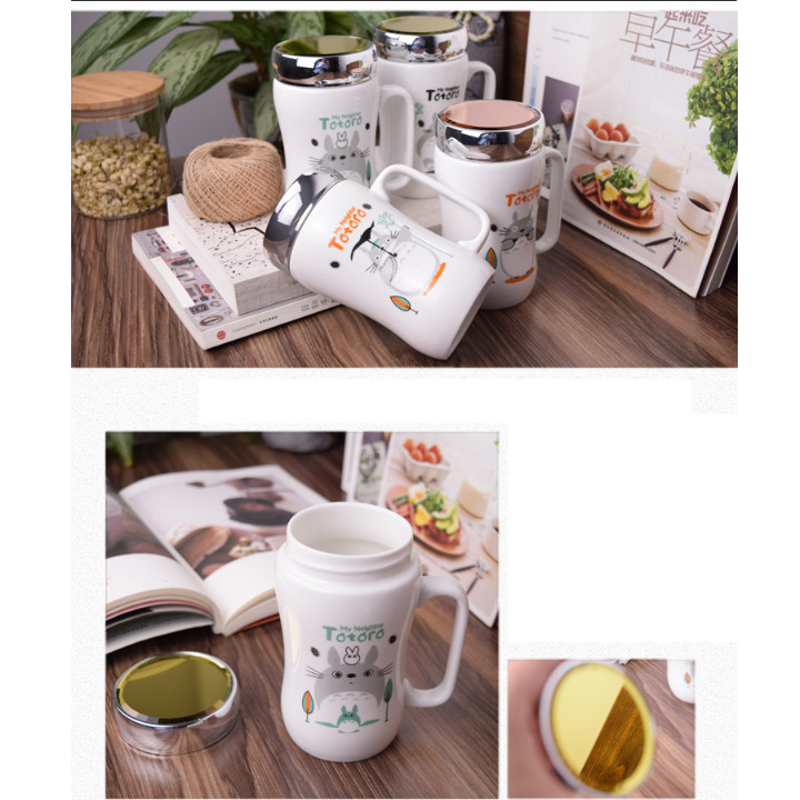 Ly sứ giữ nhiệt có nắp gương, cốc in hình totoro dễ thương dung tích 450ml mã CS05 - giao họa tiết ngẫu nhiên