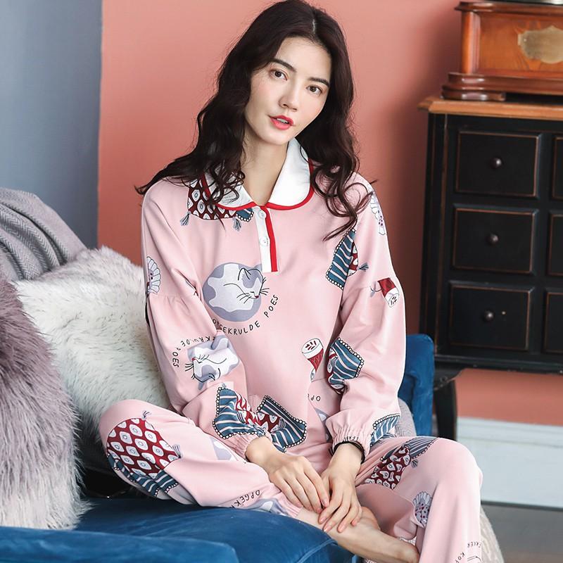 Đồ bộ Thu Đông nữ mới nhất, vải cotton 100% mềm mại thoáng khí, màu hồng tôn da, họa tiết và thiết kế độc
