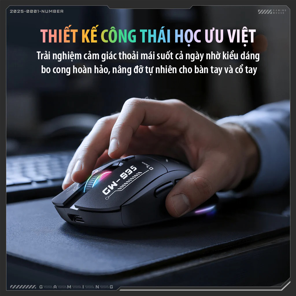 Chuột ONIKUMA CW935 Triple-Mode Ergonomic Wireless Gaming Mouse with 6 DPI Settings &amp; Hidden Receiver - Hàng Chính Hãng