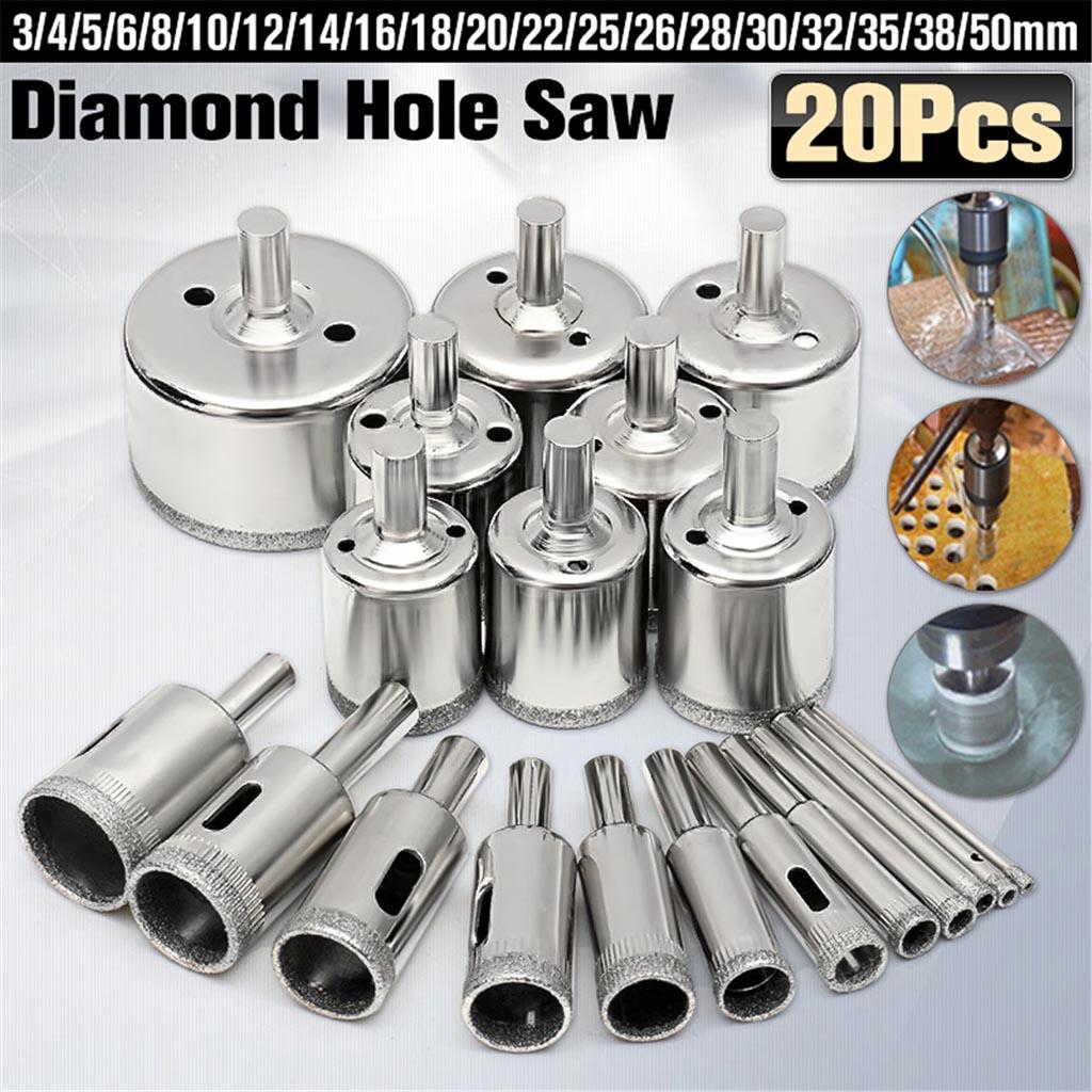 20 chiếc Kim Cương Khoan Bộ Cưa Lỗ Dụng Cụ Cắt Kính Đá Cẩm Thạch 3-50mm Kim Loại