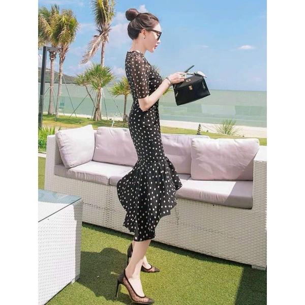 HÀNG NHẬP - ĐẦM LỤA BODY ĐUÔI CÁ CHẤM BI