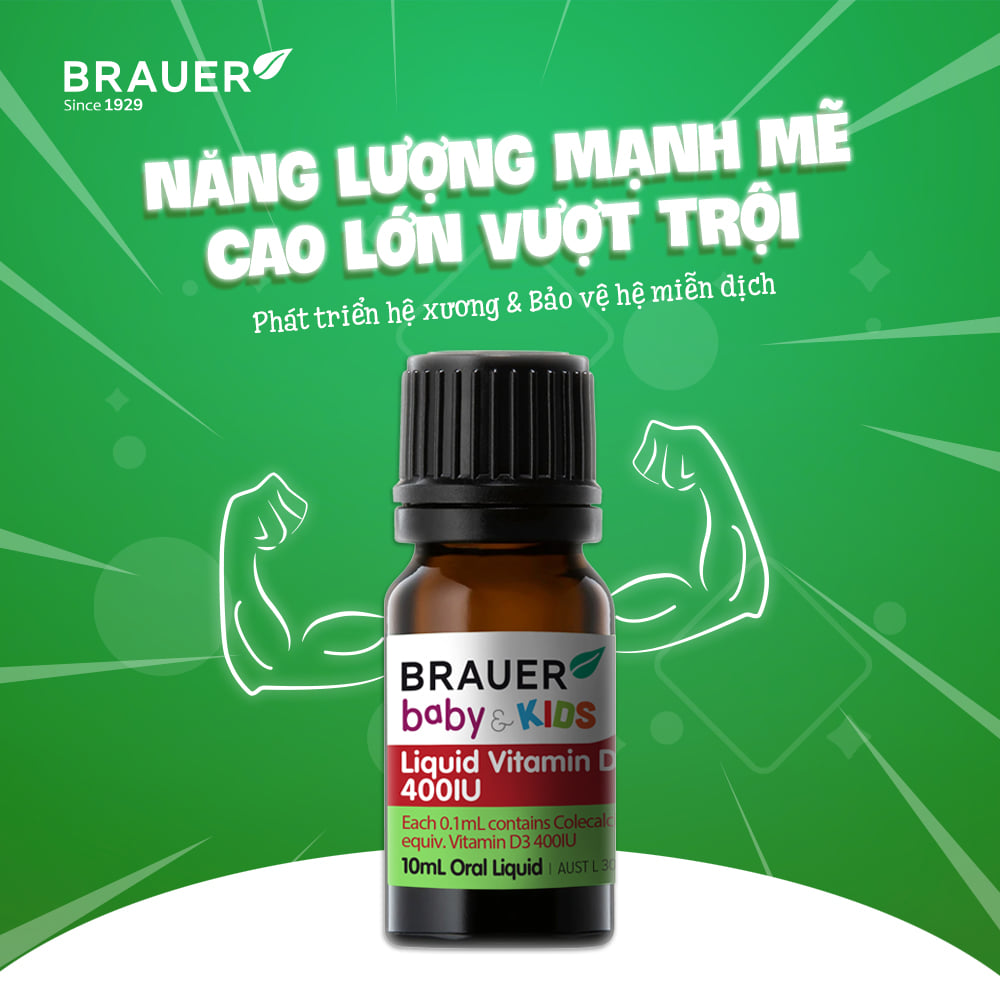 Vitamin D 400IU dạng nước Brauer Baby &amp; Kids Liquid Vitamin D 400IU cho trẻ sơ sinh và trẻ nhỏ (10 ml)