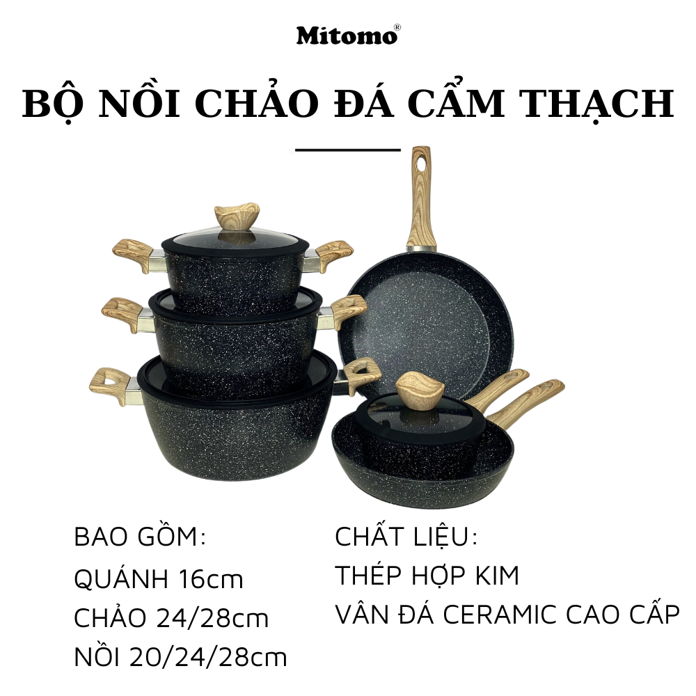 Bộ nồi chảo vân đá 6 món chống dính cao cấp Mitomo Queen Time, dùng cho bếp từ, bếp ga - Hàng chính hãng