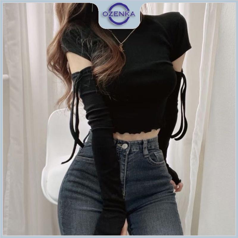 Áo croptop nữ tay dài cổ lọ ôm body Ozenka , áo crt kiểu hở tay thun gân 100% cotton màu đen trắng dưới 55 kg