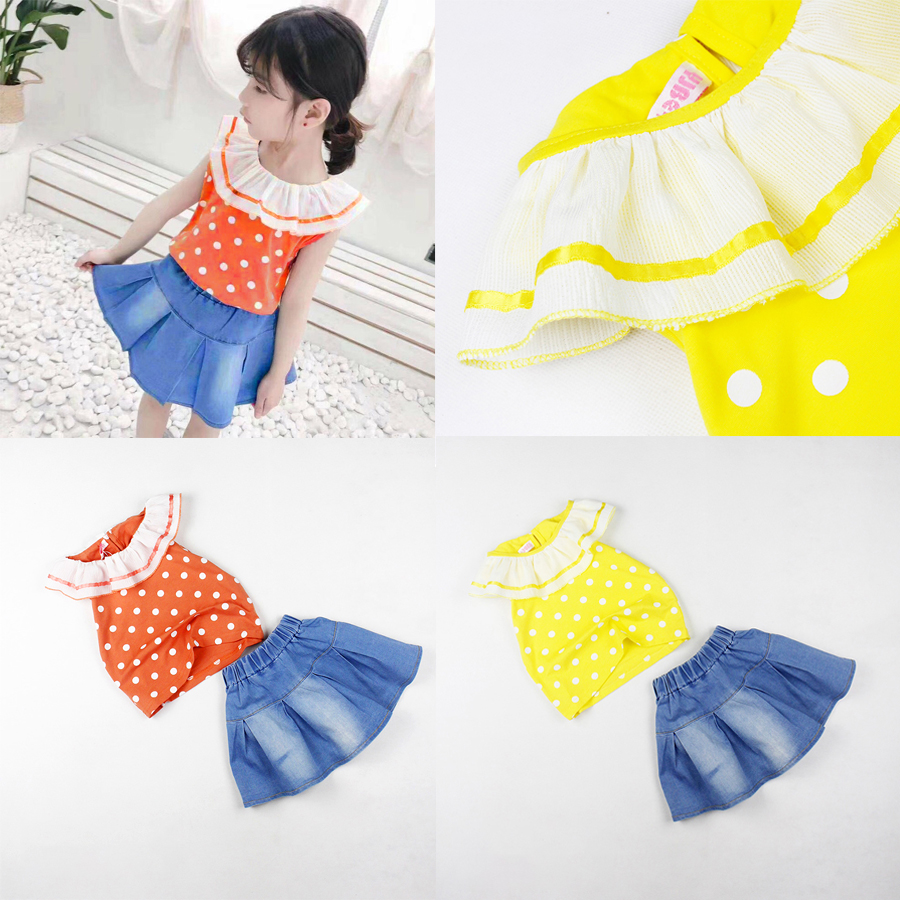 Set áo chấm bi cổ xoè và chân váy jean cho bé gái từ 20 đến 30 kg Quảng Châu 02165-02166