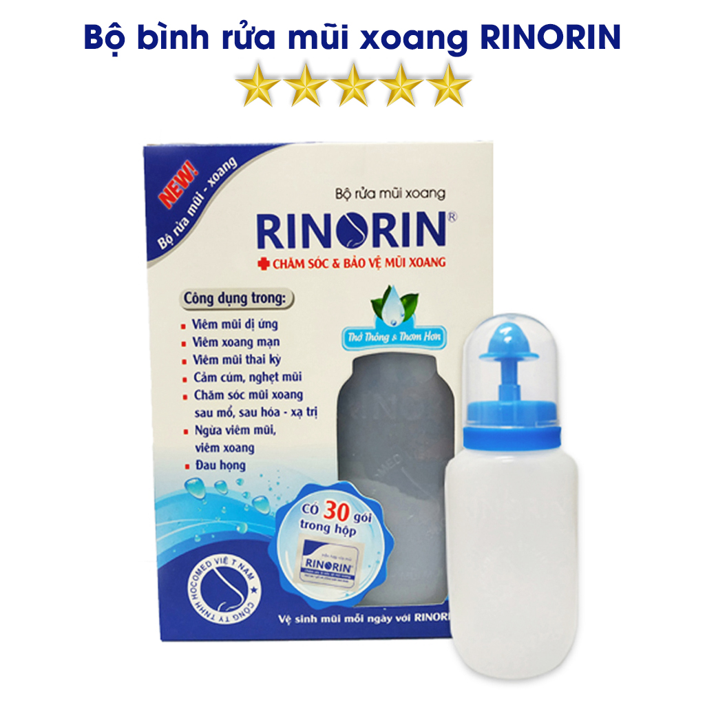 Bộ bình rửa mũi xoang thương hiệu RINORIN kèm 30 gói hỗn hợp cho người lớn và trẻ em dung tích 250ml