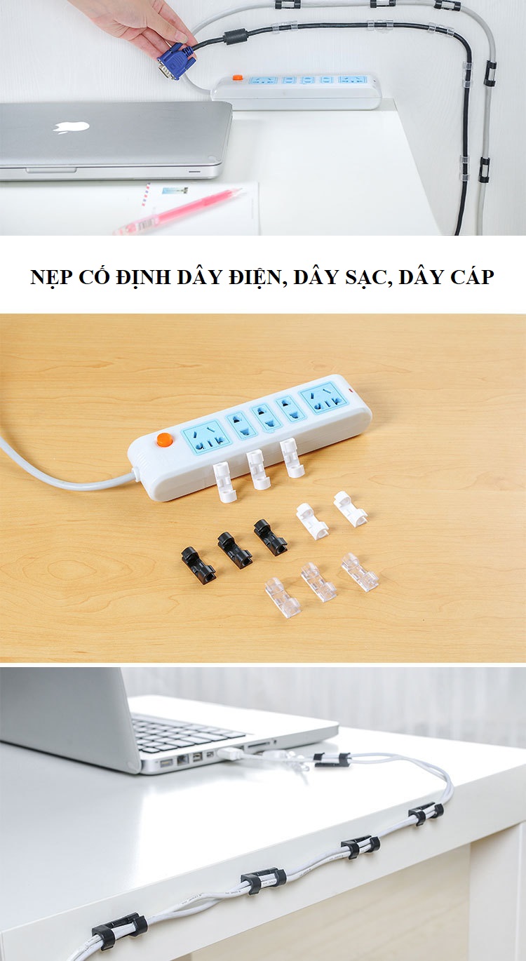 Bộ Nẹp Dán Tường Cố Định Dây Điện Chống Rối, Kẹp Giữ Dây Cáp Sạc Có Keo Dán 3M