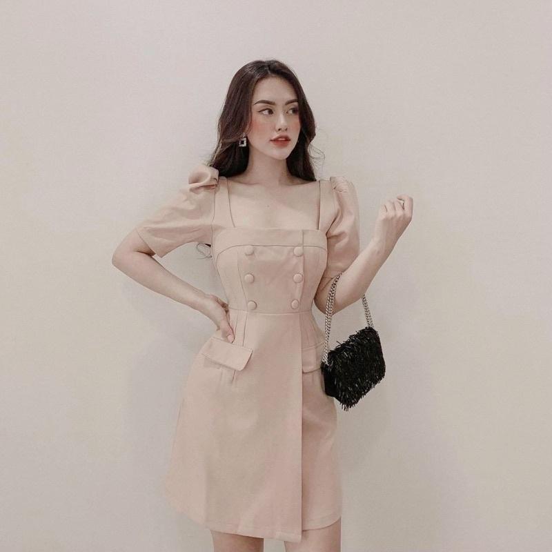 Đầm suông thời trang công sở form dáng chuẩn, dễ mặc dạo phố, đi làm hay du lịch đẹp Đầm cổ vuông nút bọc 2 màu