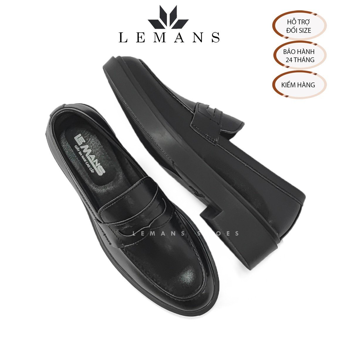 Giày da bò Penny Loafer Black LEMANS PL01D, da bò nguyên tấm, tăng chiều cao 4cm, bảo hành 24 tháng