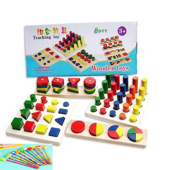 Bộ Giáo Cụ Montessori 8 Món Khối Gỗ Cao Cấp Giúp Phát Triển Thông Minh Cho Bé - Tặng Bút Chì Kèm Tẩy Gỗ Hình Thú