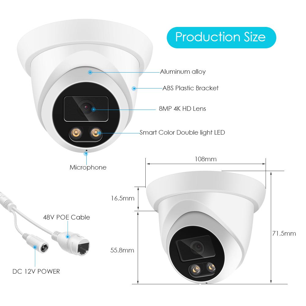 Máy ảnh IP 4K 8MP MỚI Audio Outdoor Poe H.265 ONVIF góc rộng 2.8mm AI Màu tối Vision Home CCTV Video Giám sát Cảm biến bảo mật Kích thước: Super 4MP POE
