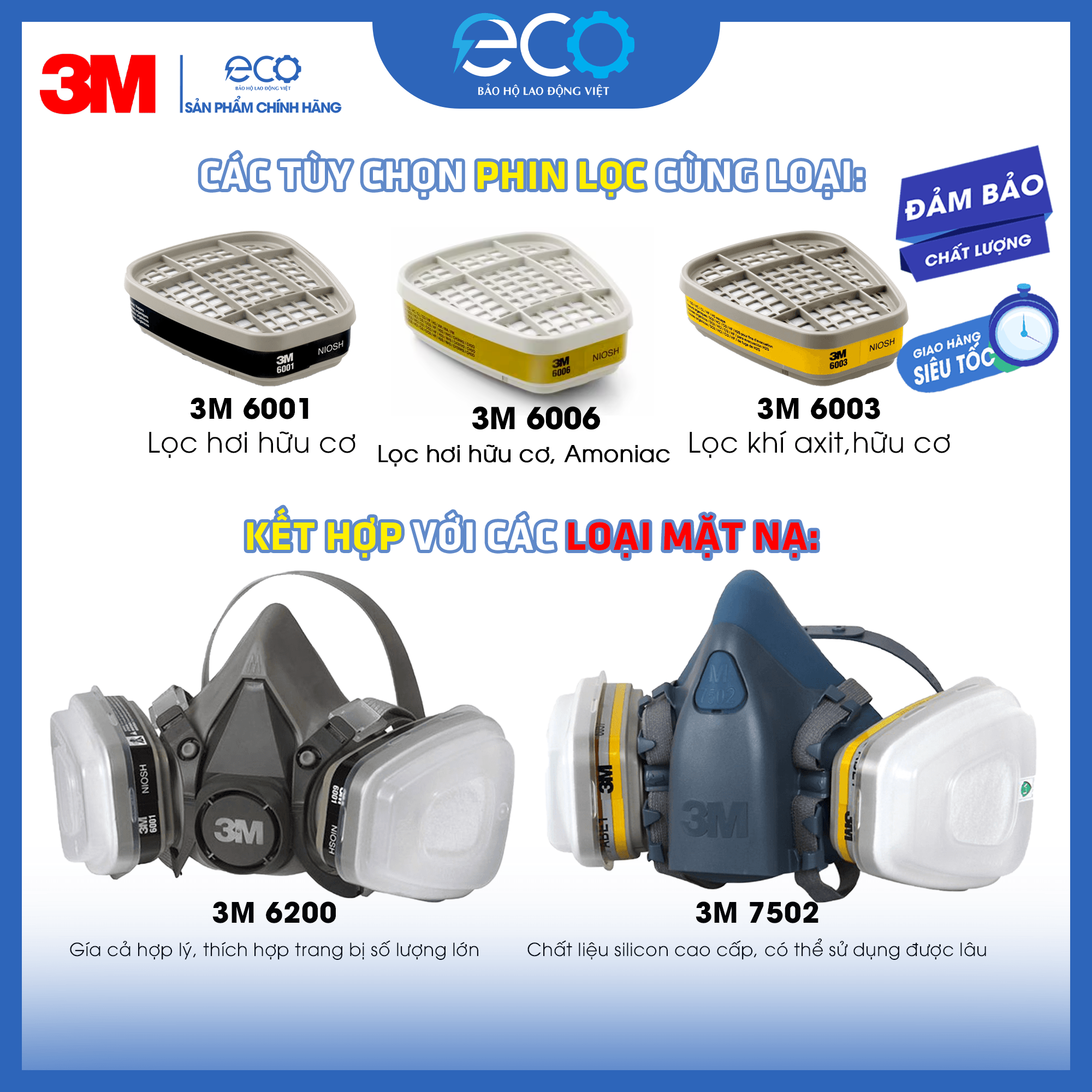 Phin Lọc 3M 6001, 6003, 6006 kết hợp tấm lọc bụi 5N11 cùng nắp giữ 501 lọc hơi hữu cơ xăng dầu phun sơn, chống độc, lọc bụi siêu mịn, vô cơ, hữu cơ