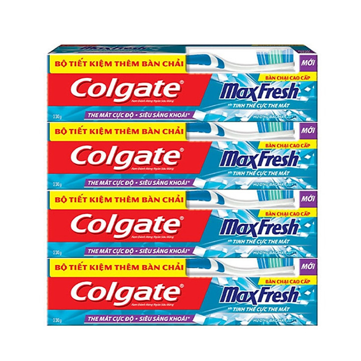 Bộ 4 Kem đánh răng Colgate bạc hà the mát Maxfresh 230g/tuýp tặng bàn chải đánh răng lông mềm