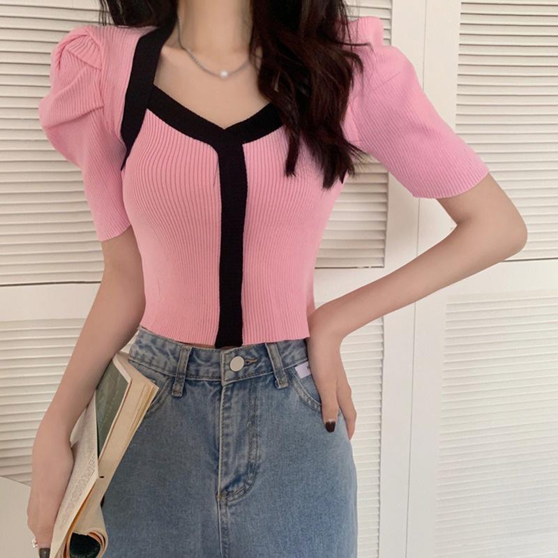 Áo len Montoghi dệt kim LINE GIỮA phối ÁO KHOÁC TAY PHỒNG cổ chữ V xinh xắn