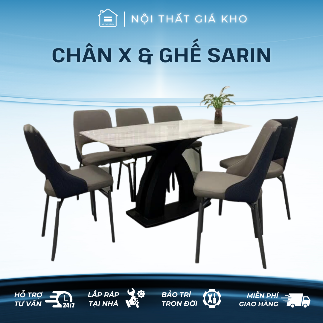 Bàn ăn mặt đá ceramic bóng chân chéo chữ x cong kết hợp ghế Sarin
