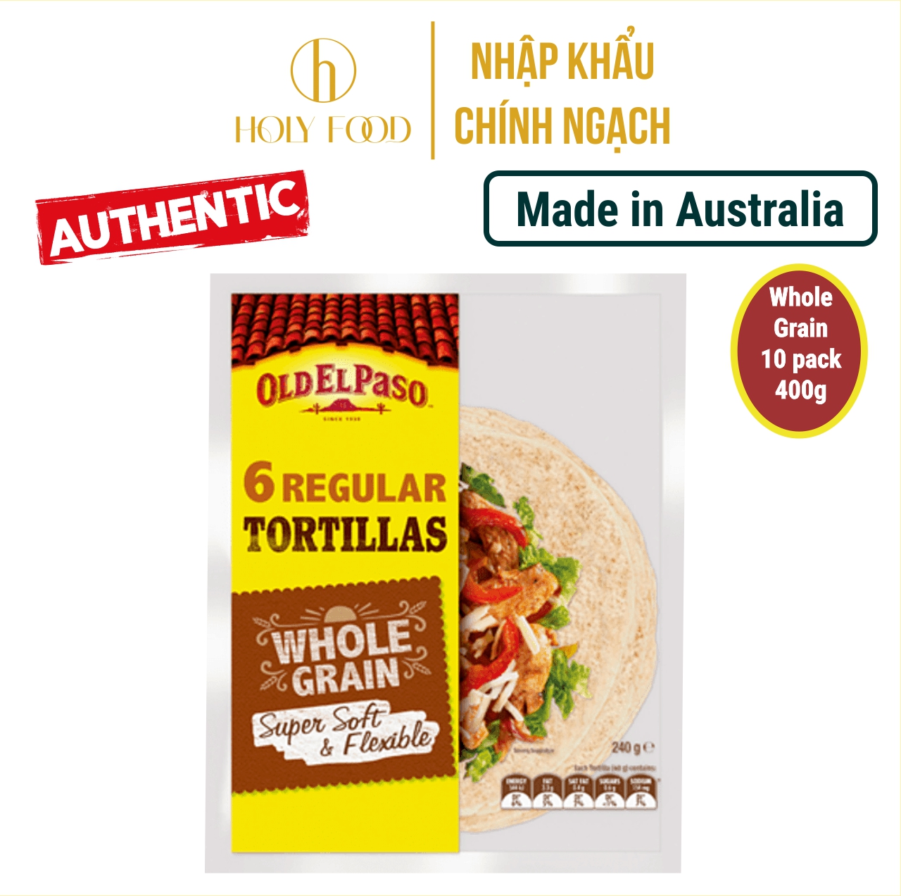 Vỏ Bánh Tortilla Mexico Tortillas Old El Paso Wholegrain Nguyên Cám 6 pack 240g - Xuất xứ Australia