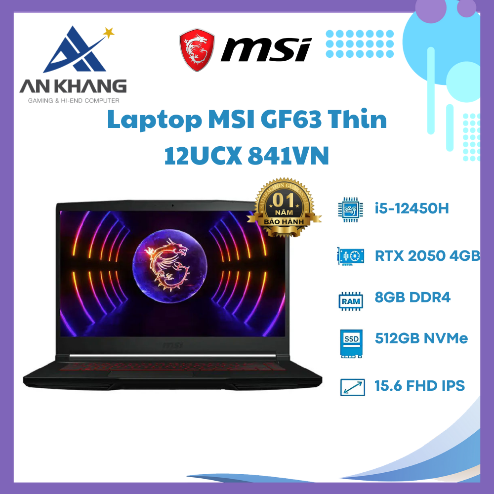 Laptop MSI Thin GF63 12UCX-841VN (Intel Core i5-12450H | 8GB | 512GB | RTX 2050 Max Q | 15.6 inch FHD 144Hz | Win 11 | Đen) - Hàng Chính Hãng - Bảo Hành 12 Tháng