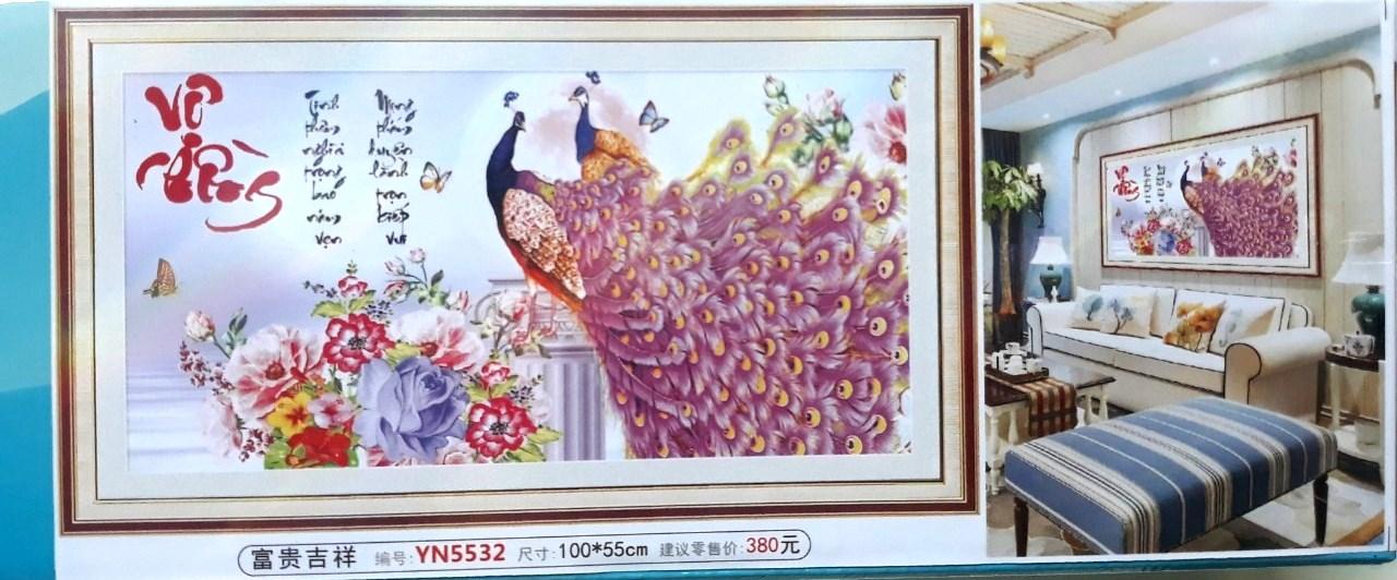 Tranh đính đá vợ chồng chim công - 100 x 55 cm - chưa đính