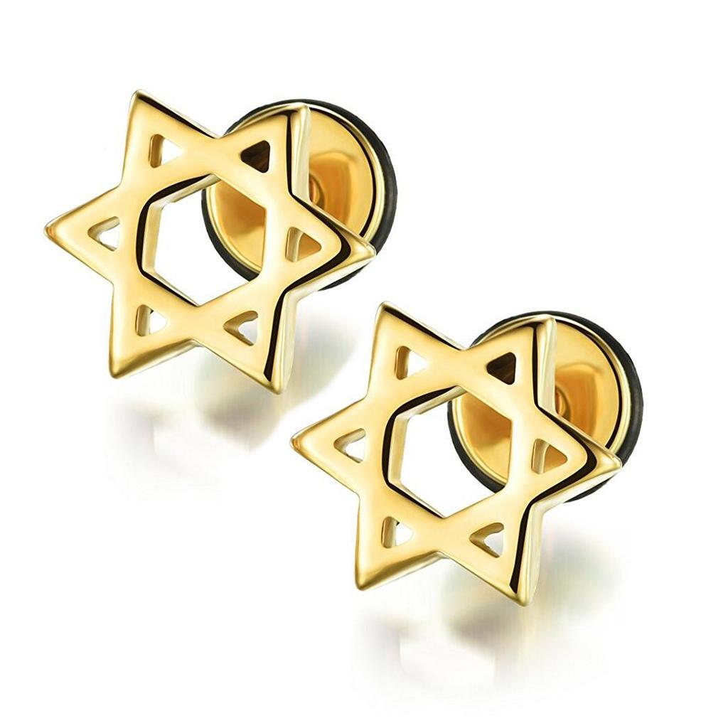 2x Star Of David Stainless Steel Ear Stud Earrings Screw Women Man Gift Gold
