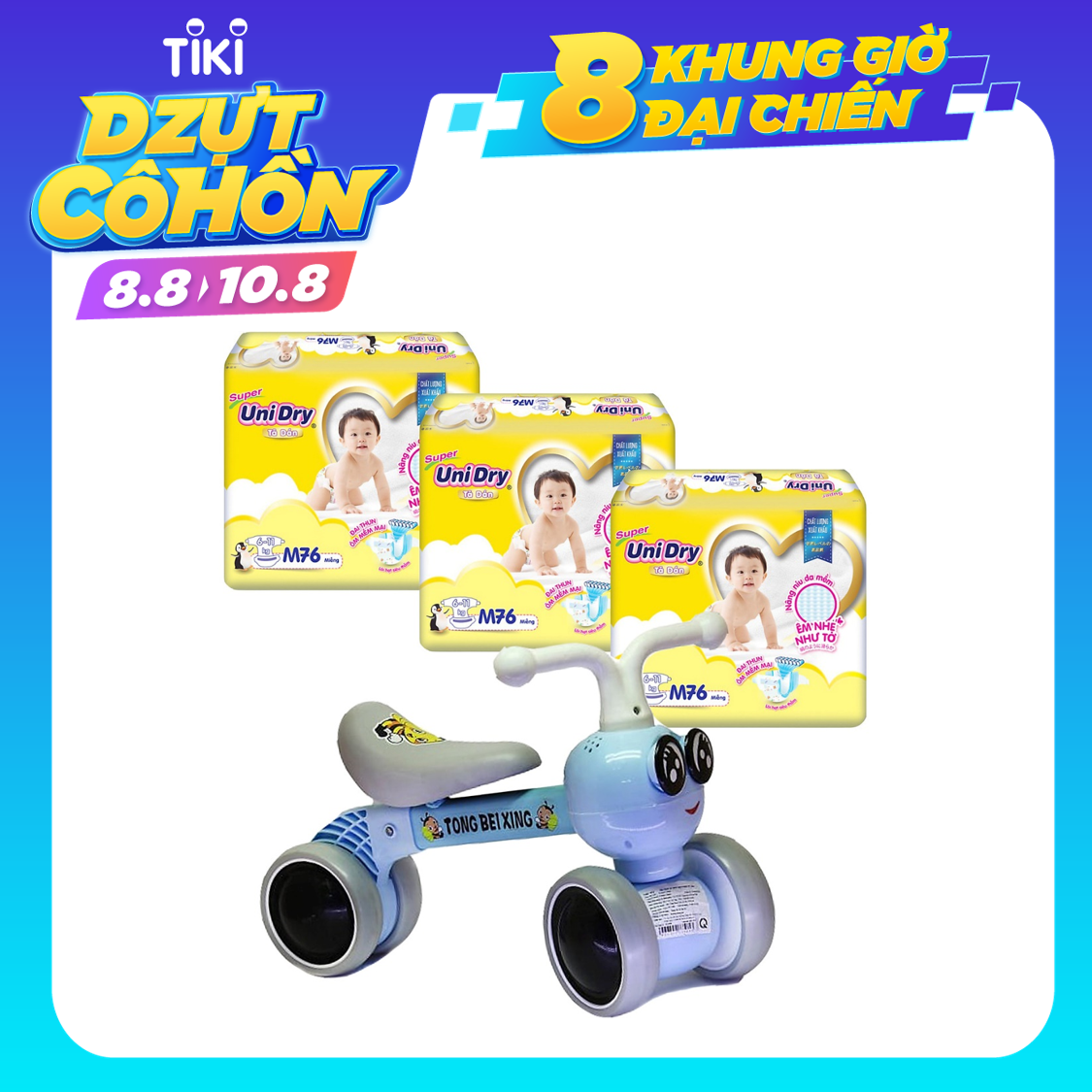 Combo 3 gói tã dán Unidry M76 tặng xe chòi chân con ong phát đèn nhạc VBCare 052