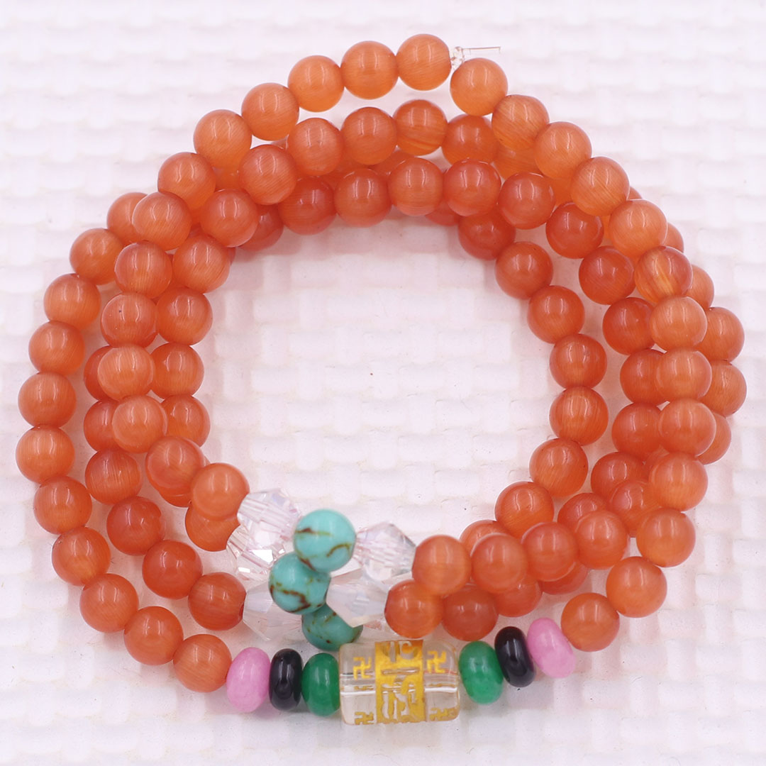 Vòng chuỗi 108 hạt đá mắt mèo cam 6 ly charm lục tự kim ngôn, vòng chuỗi niệm Phật, vòng chuỗi đeo tay