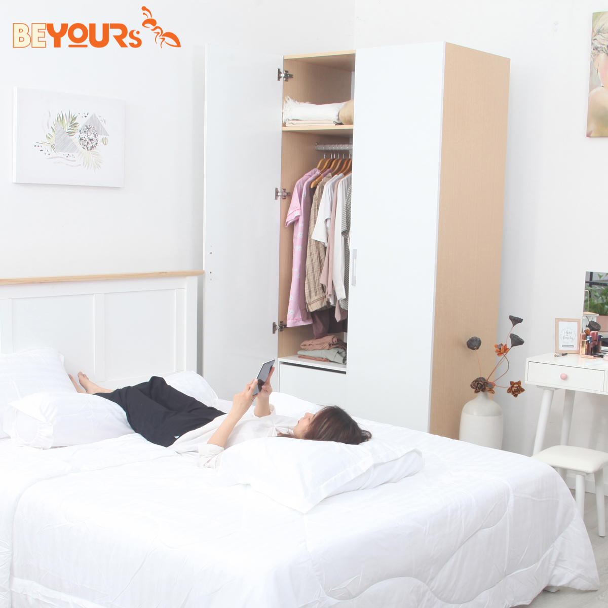 Tủ Quần Áo Gỗ Cửa Mở BEYOURs Mina 2 Cánh Màu Trắng Phối Gỗ Hiện Đại Thiết Kế Nhiều Ngăn Tiện Dụng