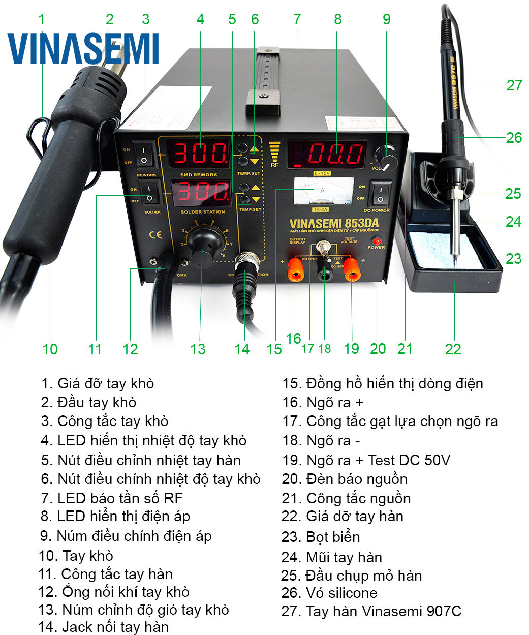 Vinasemi 853DA Máy Hàn Khò + Cấp Nguồn DC 720W