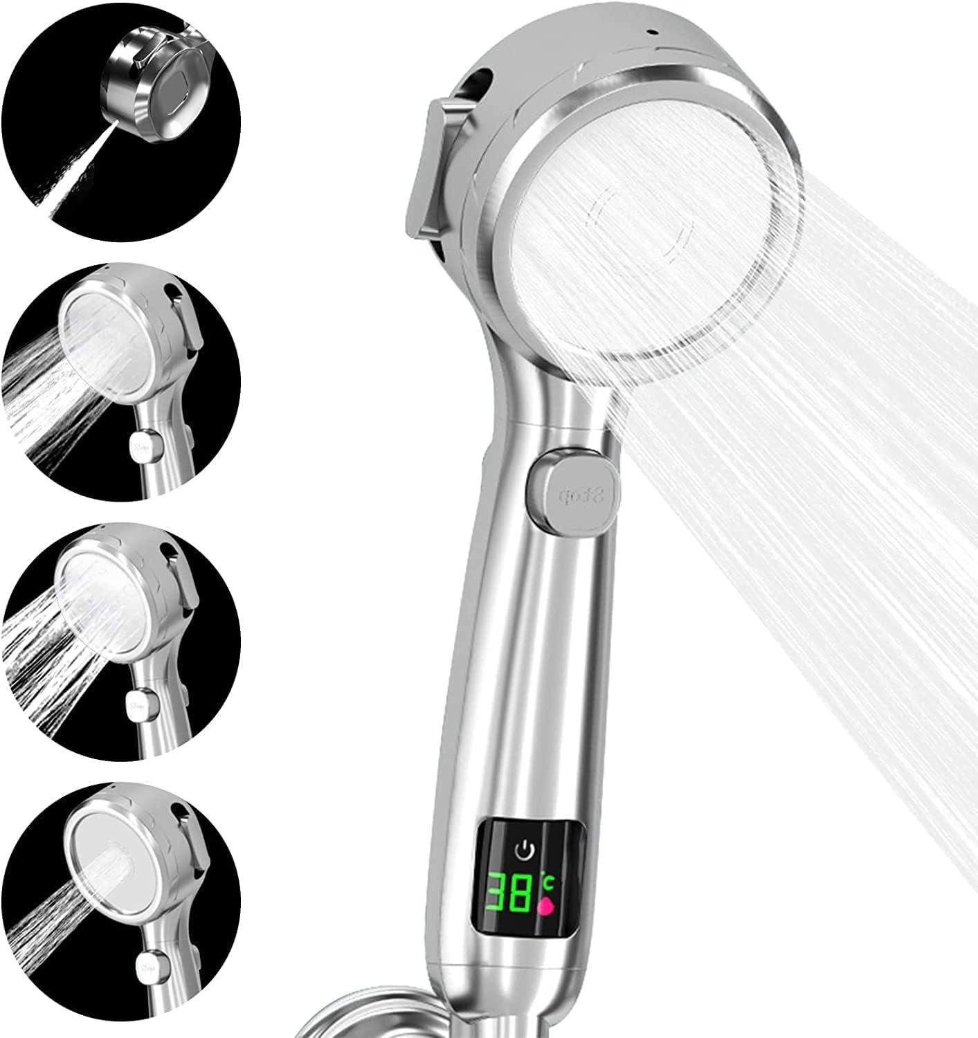 Đầu vòi hoa sen, đầu vòi hoa sen phổ quát với màn hình nhiệt độ, đầu tắm tiết kiệm nước với 4 chế độ tắm, đầu vòi hoa sen áp suất cao với nút Break