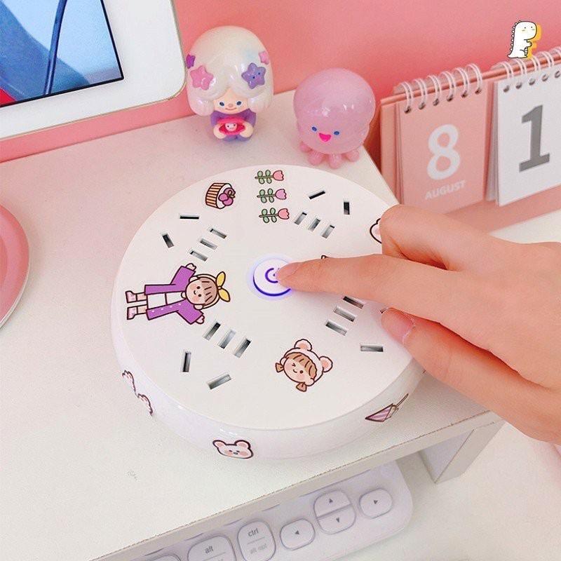 Ổ cắm điện tròn tặng kèm stiker dễ thương decor bàn học xinh xắn - Ổ điện đa năng chống giật 4 ổ cắm dây dài 1,8m