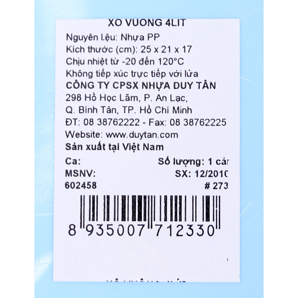 Xô vuông 4 lít Duy Tân No.233 (25 x 21 x 17 cm) Giao màu ngẫu nhiên