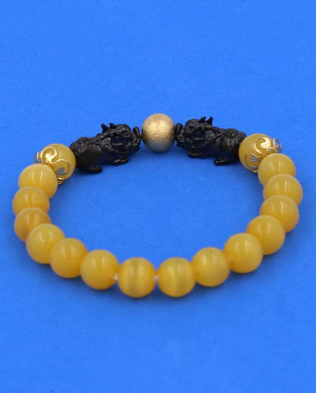 Vòng tay Đá Mắt Mèo Vàng size 8 ly, 10 ly, 12 ly - Vòng tay Tỳ Hưu Đôi inox đen VMMVTHHEV8 - hợp mệnh Kim, mệnh Thổ
