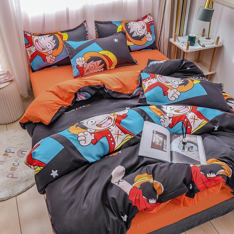 Bộ chăn ga gối Cotton poly M2T Bedding Lufy mũ rơm, vỏ chăn mền, drap nệm và 2 vỏ gối
